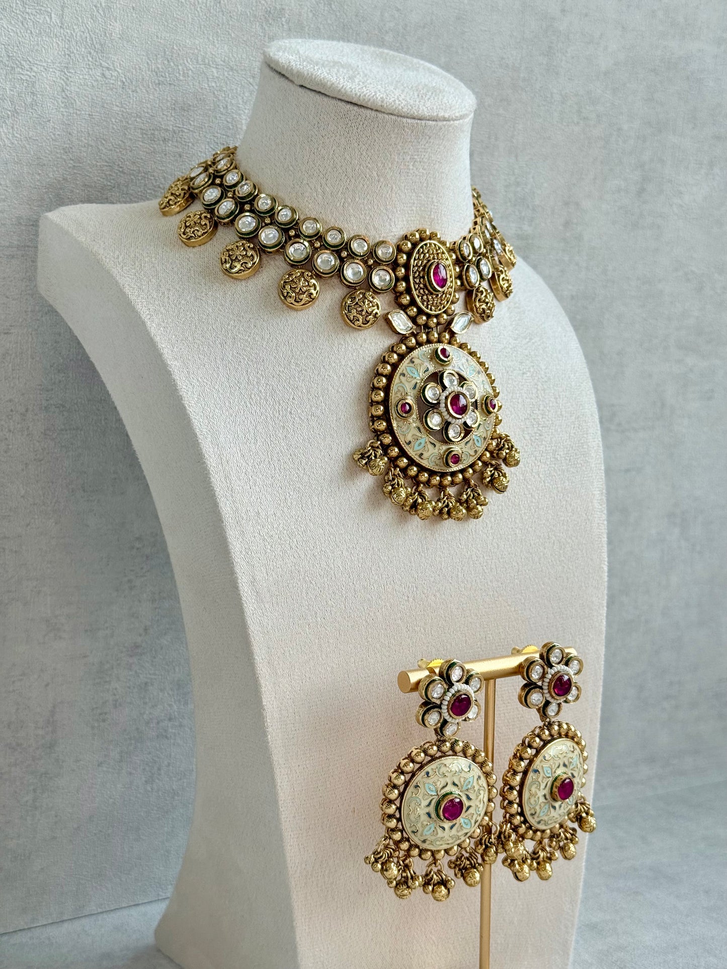 Ayura Designs Zayna Set with Necklace & Earrings – Ivory Meenakari with Rani Pink Stones