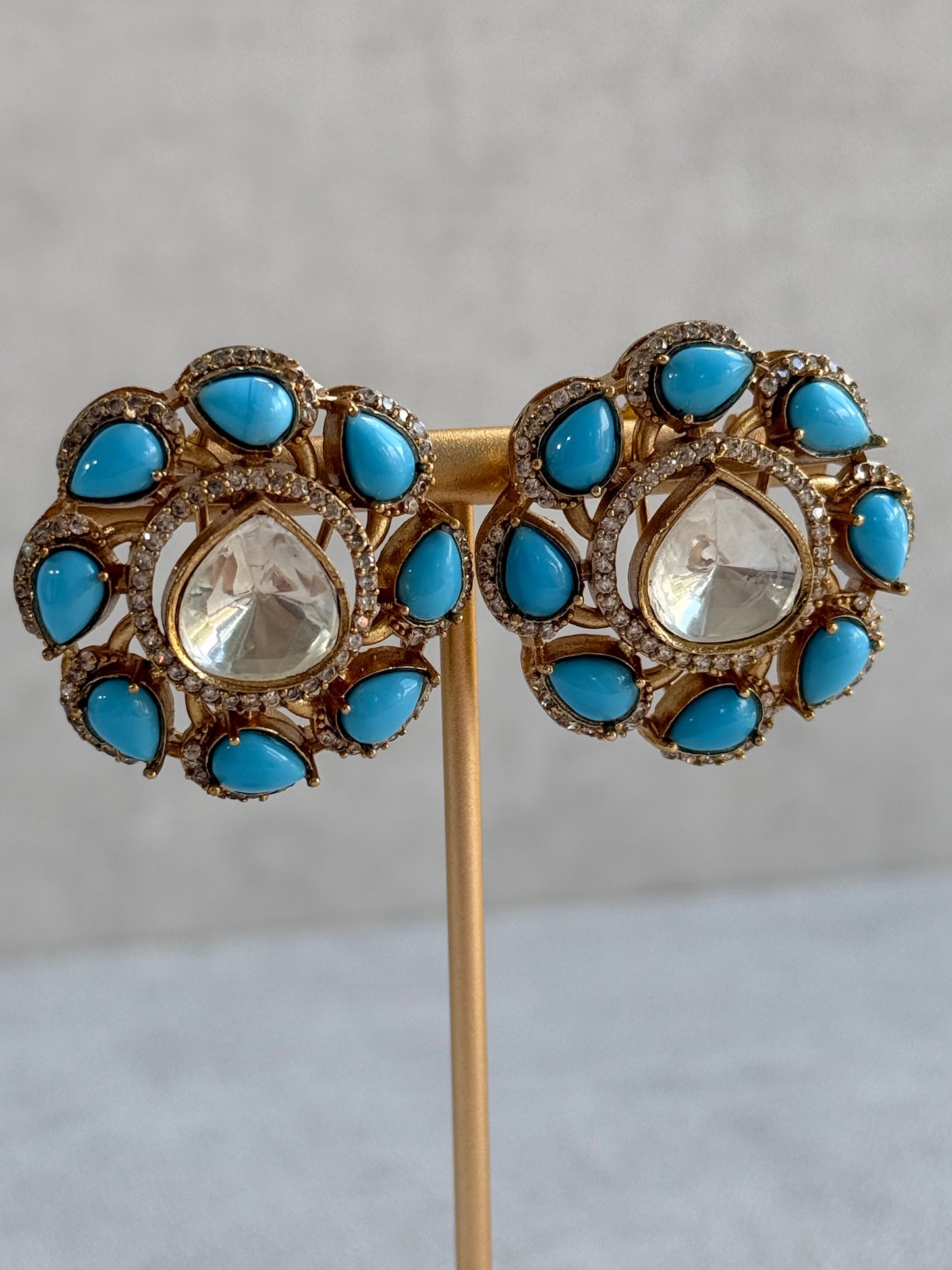 Ayura Designs Giana Stud Earrings – Turquoise Blue & Crystal Kundan with Gold Finish