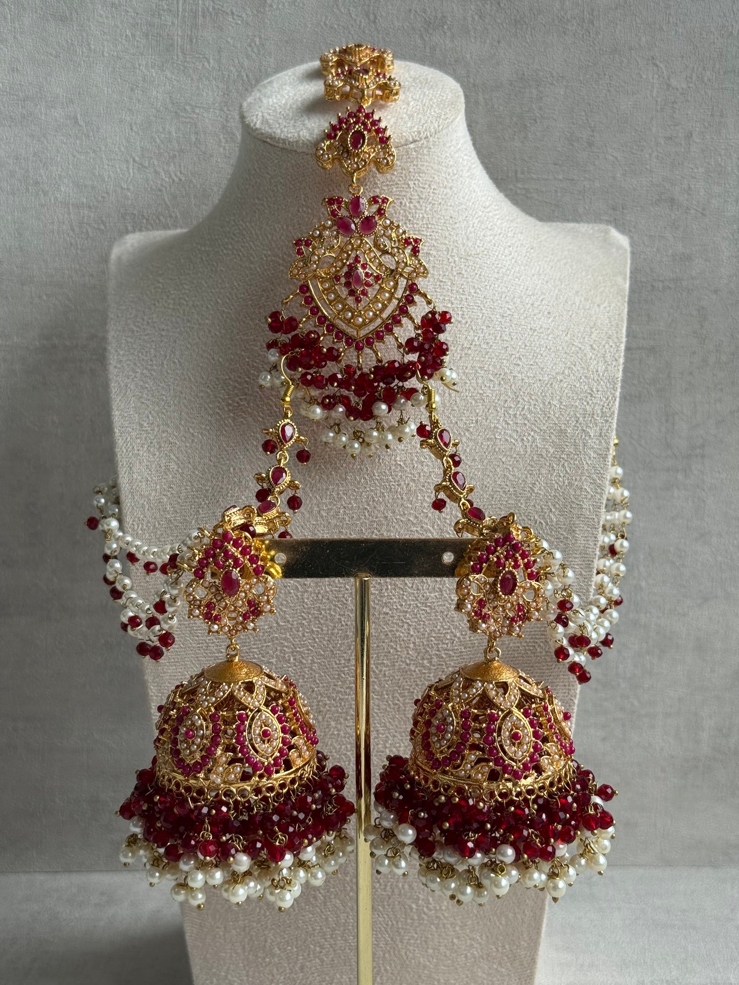 Ayura Designs Safia Tikka Set with Sahare Earrings – Ruby Red Beads & Pearls