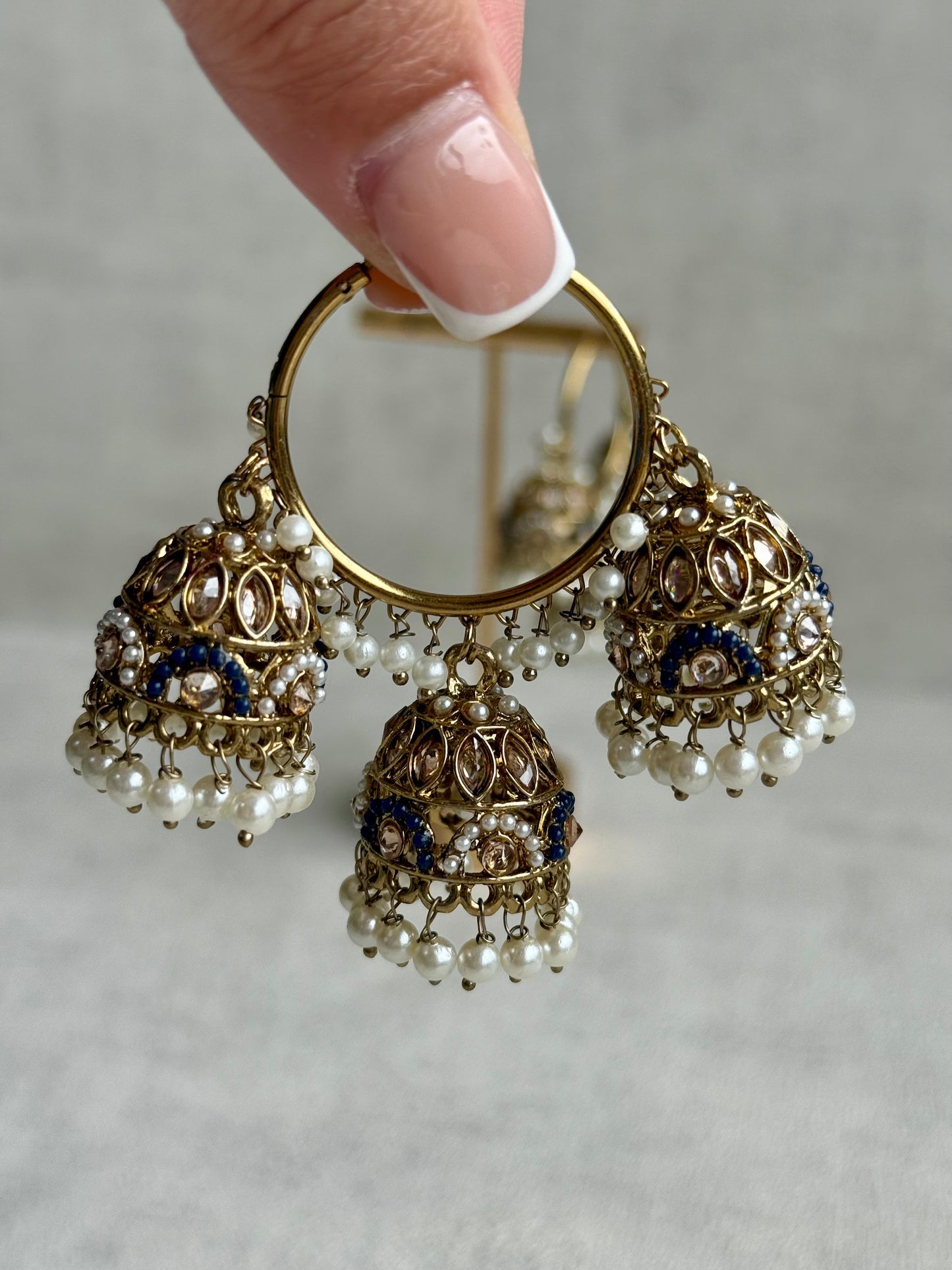 Ayura Designs Nakhra Balis – Blue Triple Dome Earrings with Pearl Clusters & Mirror-Cut Detailing