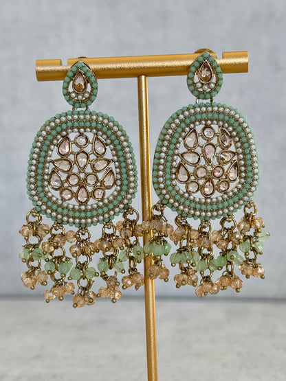Ayura Designs Geela Earrings – Mint Green & Champagne Kundan Statement Earrings