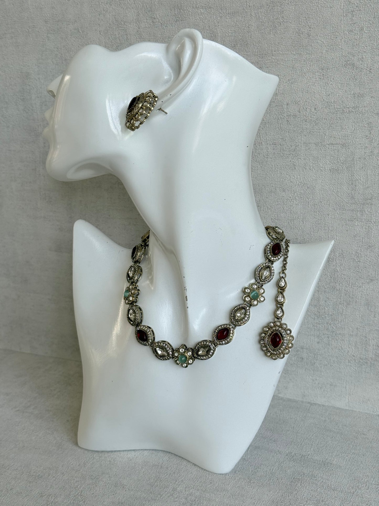 Ayura Designs Ivy Necklace Set with Studs & Tikka – Ruby Red & Mint Green Kundan Detailing