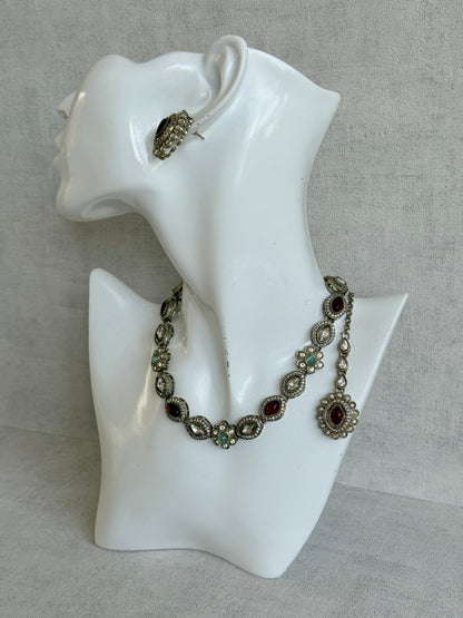 Ayura Designs Ivy Necklace Set with Studs & Tikka – Ruby Red & Mint Green Kundan Detailing