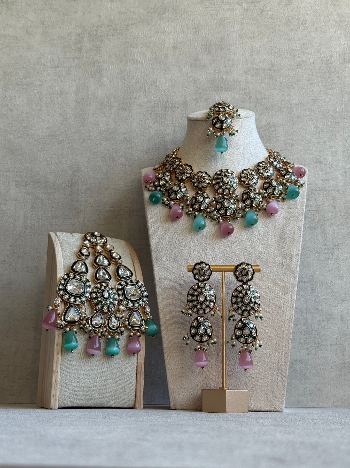 Ayura Designs Sumaira Set with Passa – Necklace, Earrings, Tikka & Passa with Kundan, Green Meenakari Detailing & Aqua-Pink Drops