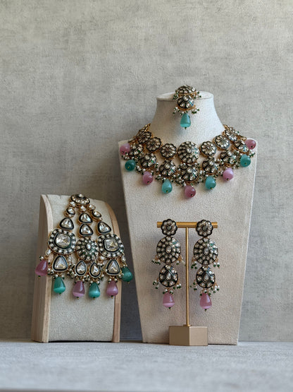 Ayura Designs Sumaira Set with Passa – Necklace, Earrings, Tikka & Passa with Kundan, Green Meenakari Detailing & Aqua-Pink Drops
