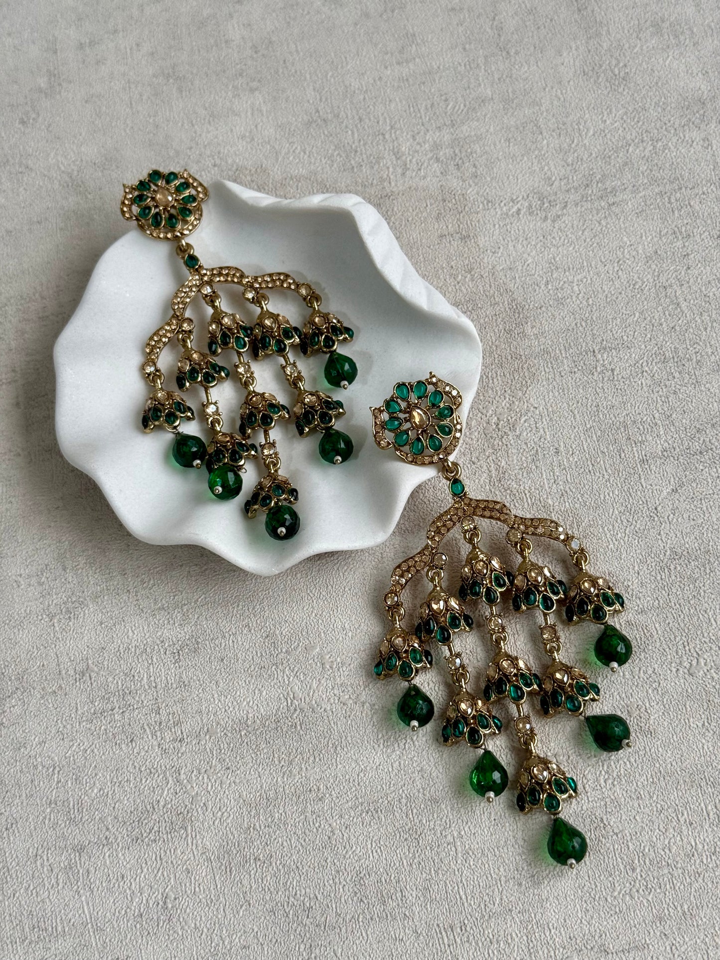 Ayura Designs Jasmine Earrings – Chandelier Earrings with Emerald Green Beads & Antique Gold Detailing