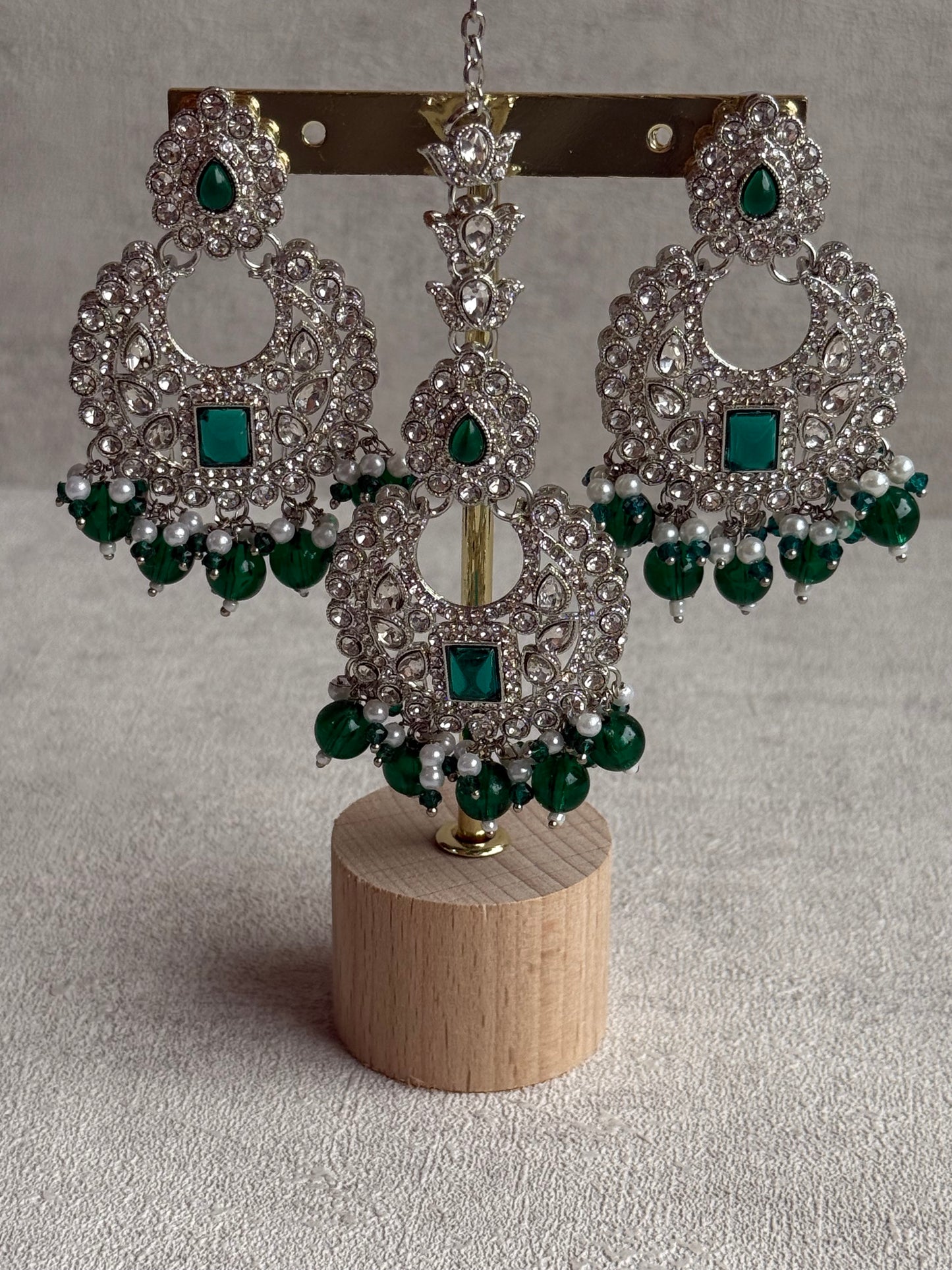 Ayura Designs Nandhini Set – Choker, Earrings & Tikka with Emerald Green Stones, Pearls & Silver Finish