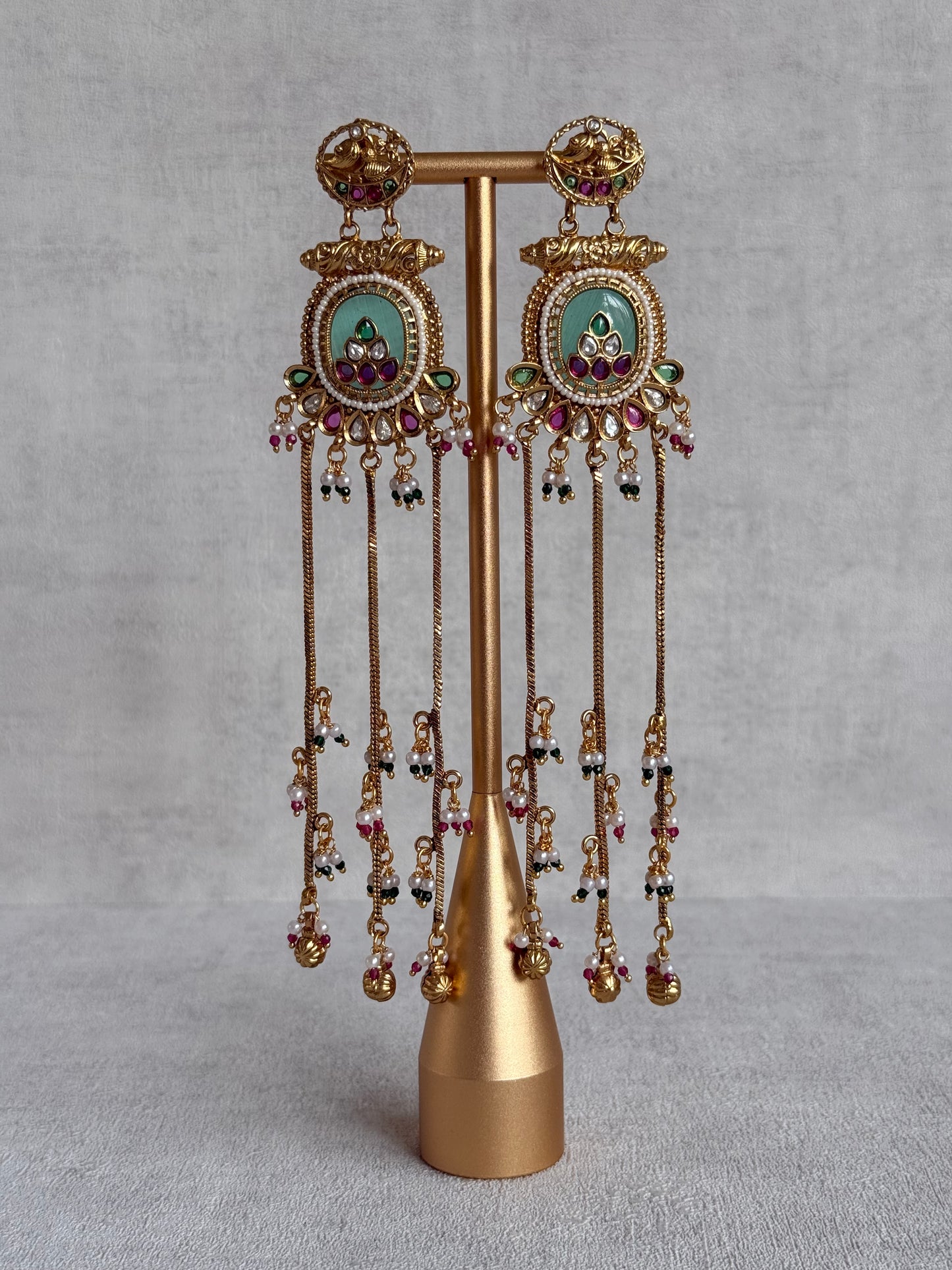 Ayura Designs Kaveri Earrings – Gold Long Chain Drop Earrings with Kundan, Pearls & Ghungroo Detailing – Mint Green