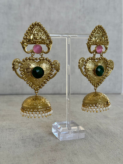 Ayura Designs Dil Earrings – Gold Brass Earrings with Green & Pink Stone Accents and Pearl Jhumka Detailing