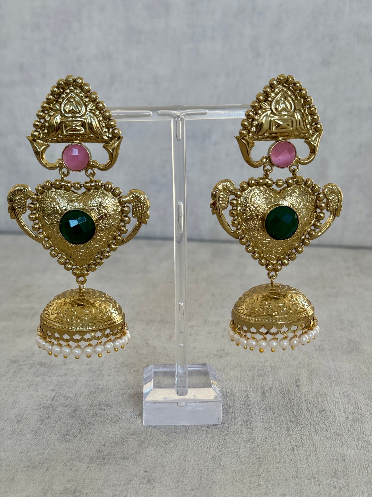 Ayura Designs Dil Earrings – Gold Brass Earrings with Green & Pink Stone Accents and Pearl Jhumka Detailing