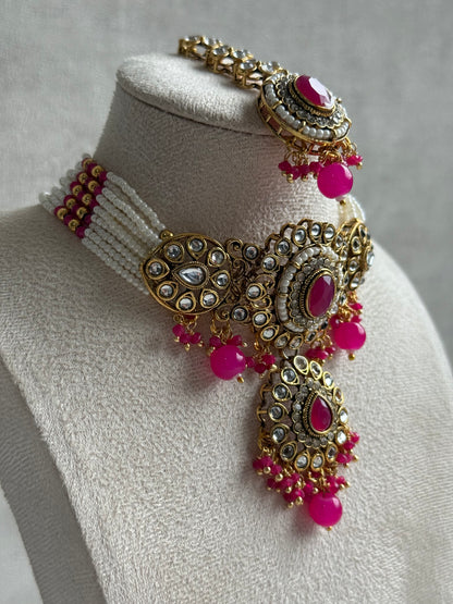 Ayura Designs Muskaan Set – Choker, Jhumkis & Tikka with Hot Pink Beads, Kundan Stones & Antique Gold Finish