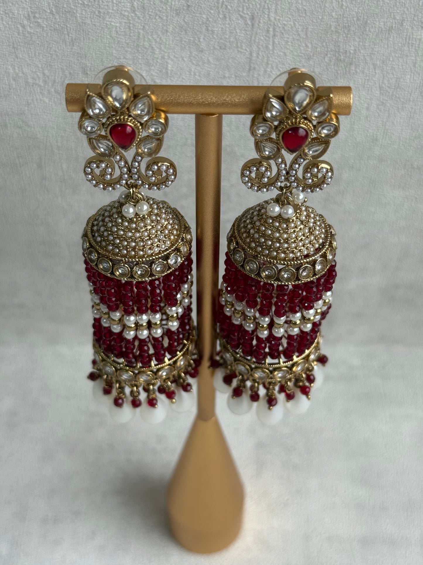 Ayura Designs Sage Earrings – Statement Jhumkis with Mirror-Cut Stones, Pearl Drops & Ruby Red Beads