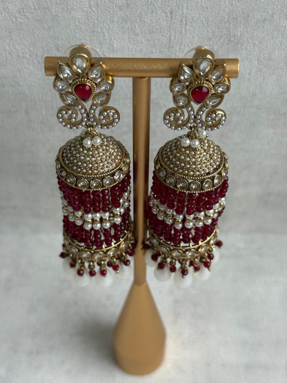 Ayura Designs Sage Earrings – Statement Jhumkis with Mirror-Cut Stones, Pearl Drops & Ruby Red Beads