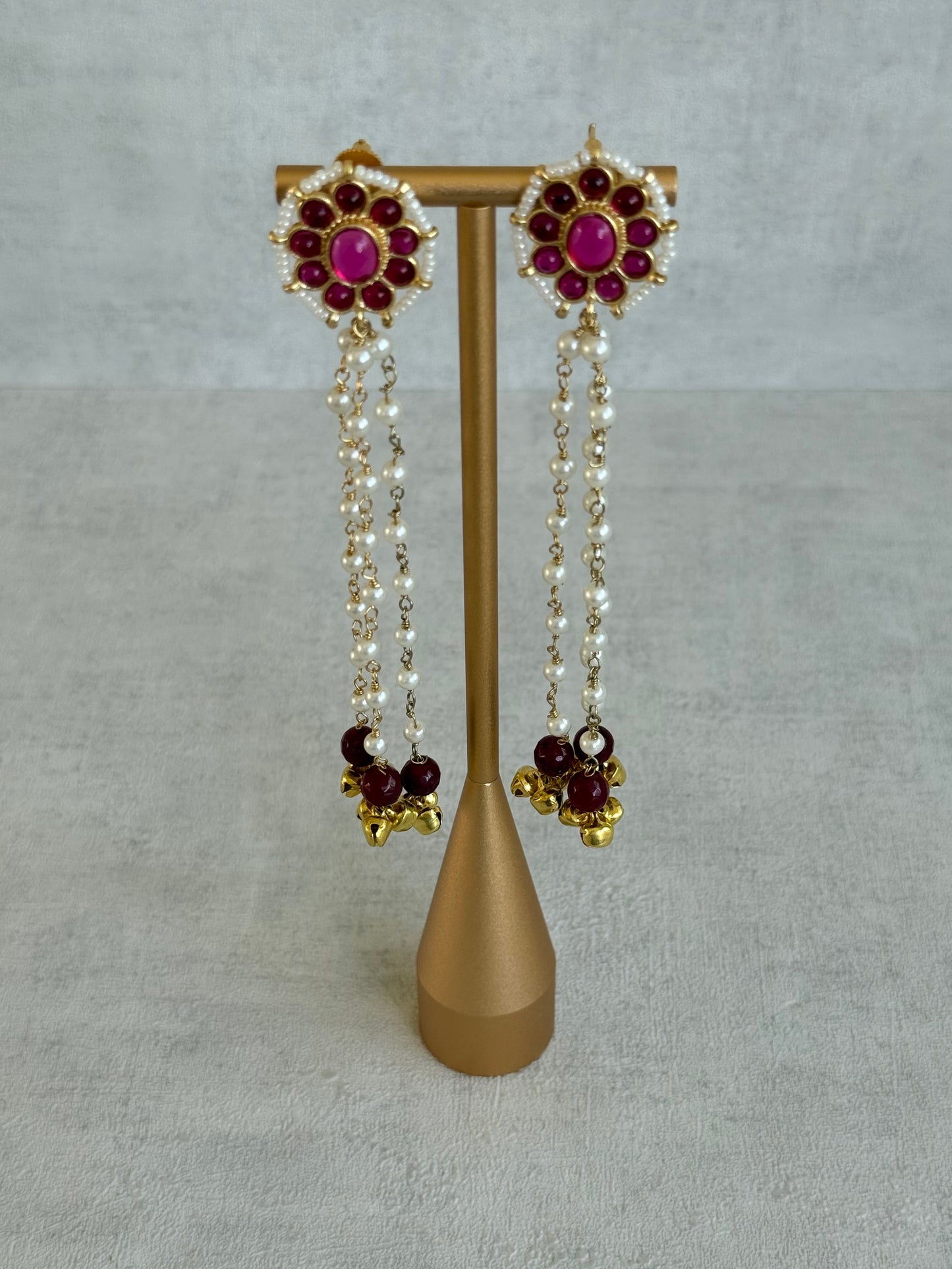Ayura Designs Noorzar Earrings – Duster Earrings with Ruby Pink Stones, Maroon Beads, Pearl Chains & Ghungroo Detailing