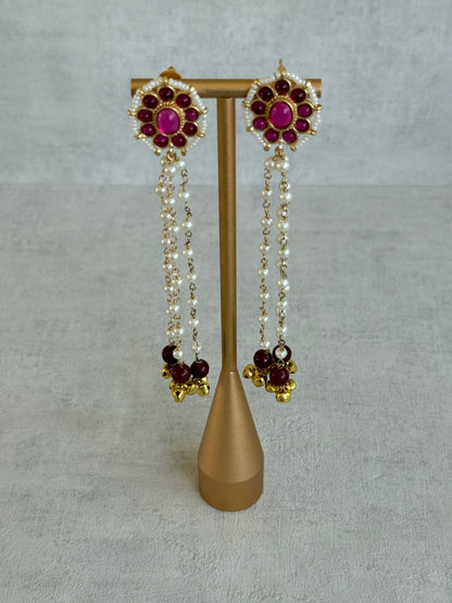 Ayura Designs Noorzar Earrings – Duster Earrings with Ruby Pink Stones, Maroon Beads, Pearl Chains & Ghungroo Detailing