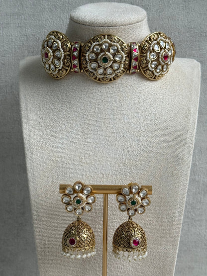 Ayura Designs Tanu Choker Set – Antique Gold Choker & Jhumkis with Ruby & Emerald Kundan and Pearl Borders