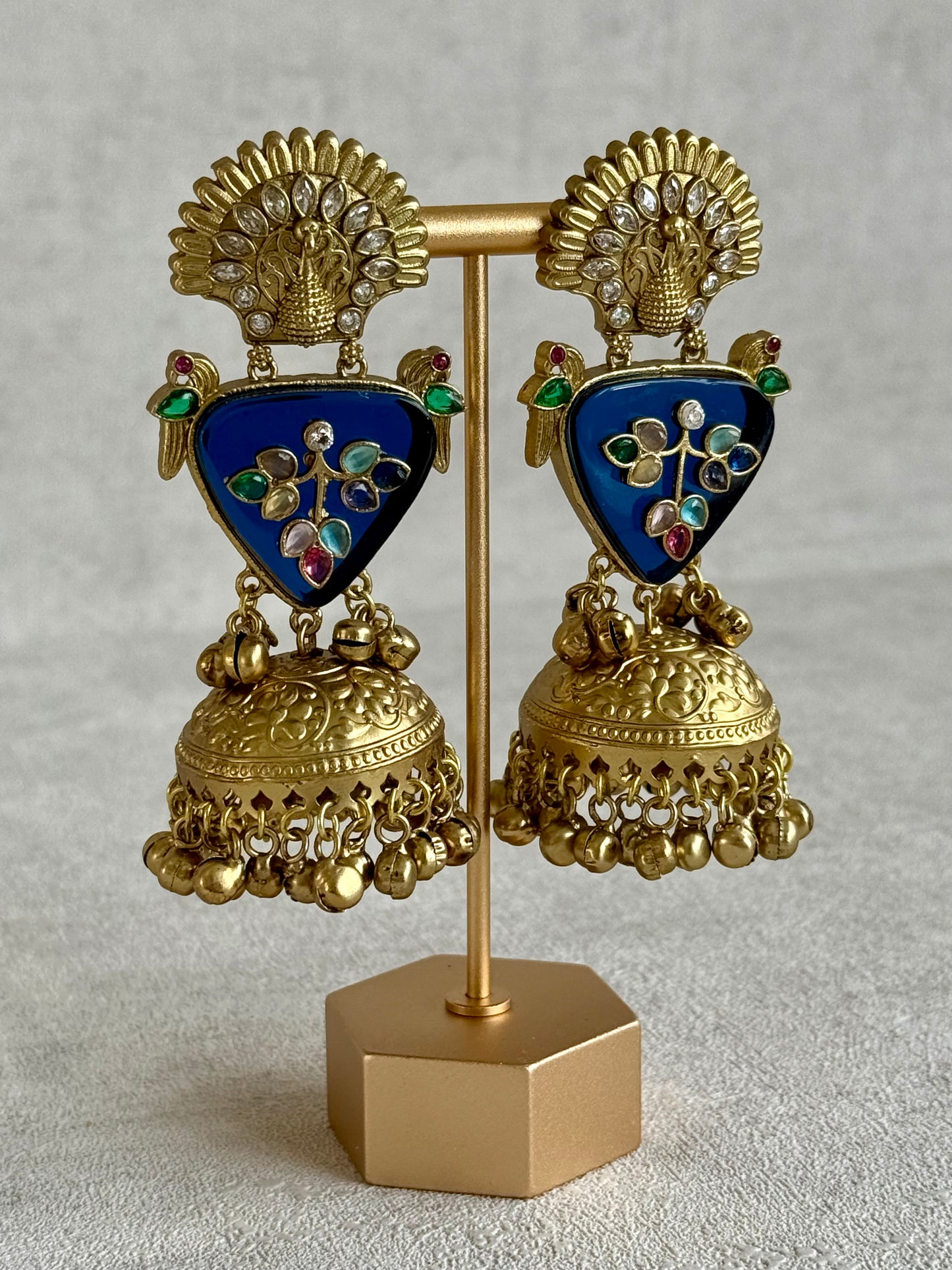 Ayura Designs Makali Earrings – Midnight Blue Enamel with Multicolour Stones & Antique Gold Jhumkis