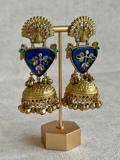 Ayura Designs Makali Earrings – Midnight Blue Enamel with Multicolour Stones & Antique Gold Jhumkis