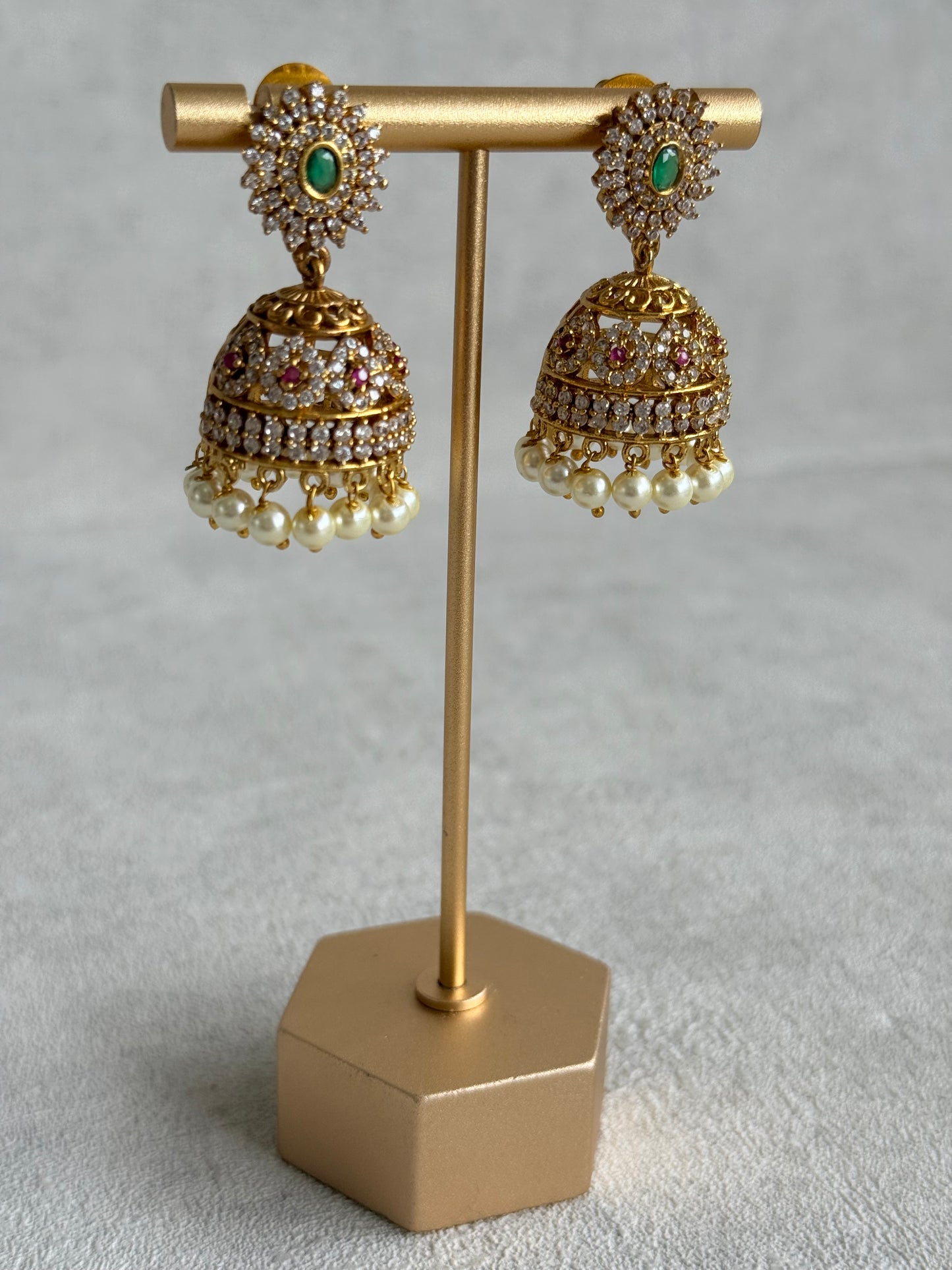 Ayura Designs Ela Jhumkis – Emerald Green Studs with Crystal Floral Jhumkis & Pearl Drops