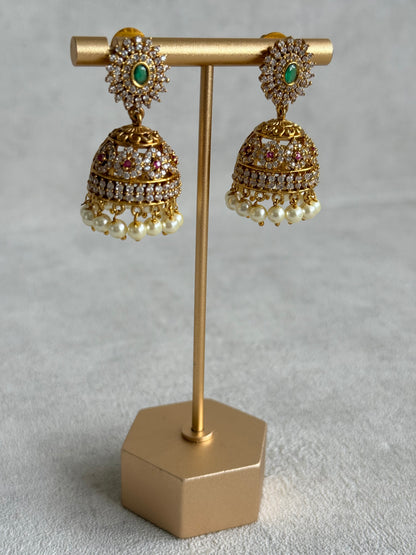 Ayura Designs Ela Jhumkis – Emerald Green Studs with Crystal Floral Jhumkis & Pearl Drops