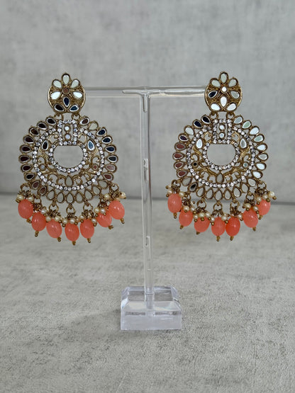 Ayura Designs Bahar Tikka Set with Earrings – Peach Beads,Mirror Work & Antique Gold