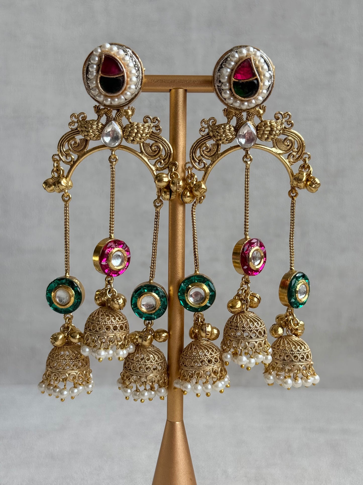 Ayura Designs Arzina Earrings – Triple Jhumki Earrings with Pink & Emerald Green Stones, Pearl Borders & Gold Detailing