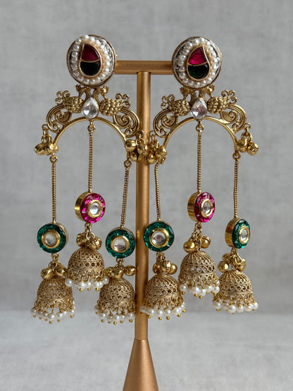 Ayura Designs Arzina Earrings – Triple Jhumki Earrings with Pink & Emerald Green Stones, Pearl Borders & Gold Detailing