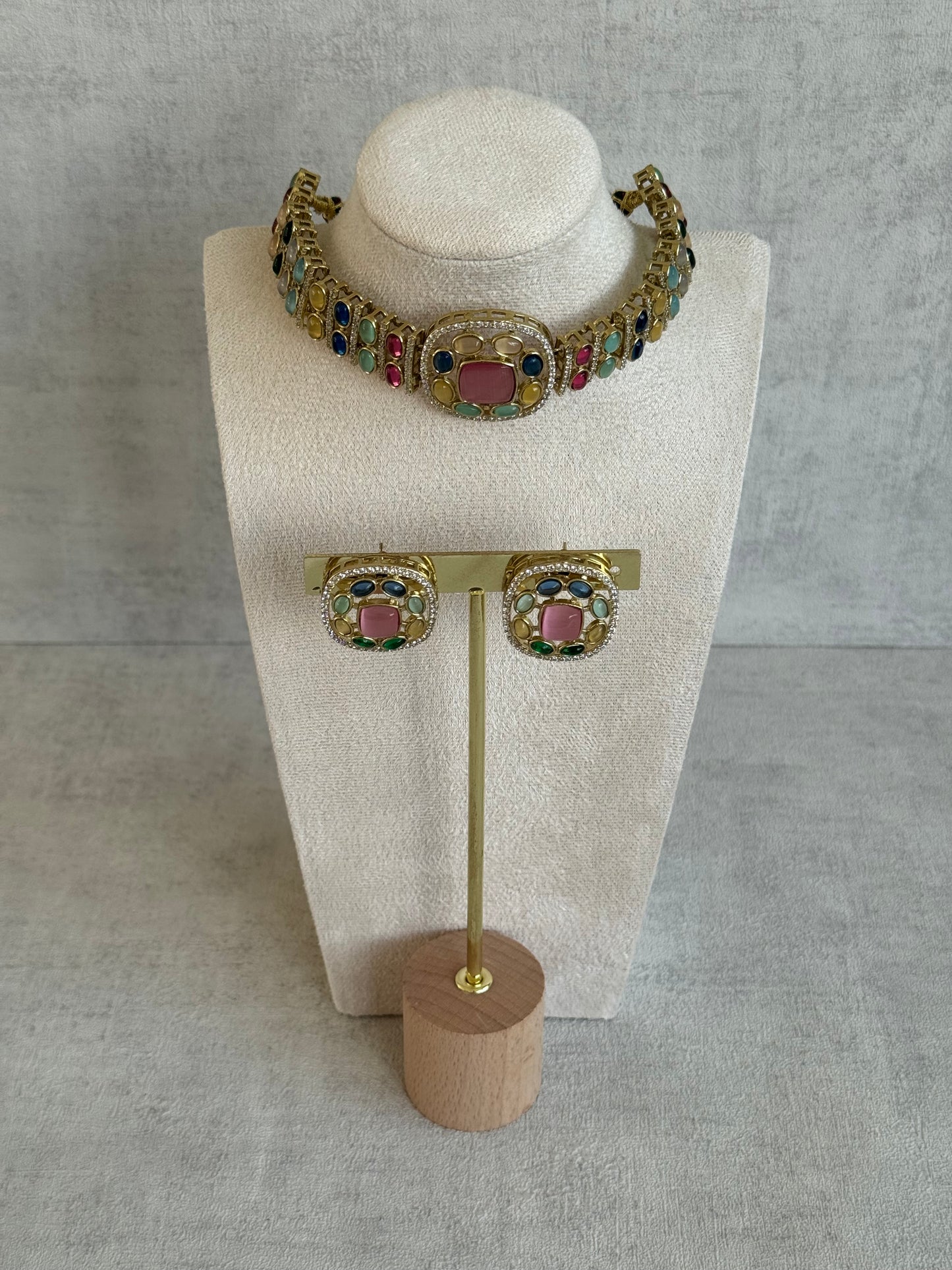 Ayura Designs Kiara Choker Set with Stud Earrings – Multicolour Stones, Moissanite Brilliance & Antique Gold Finish
