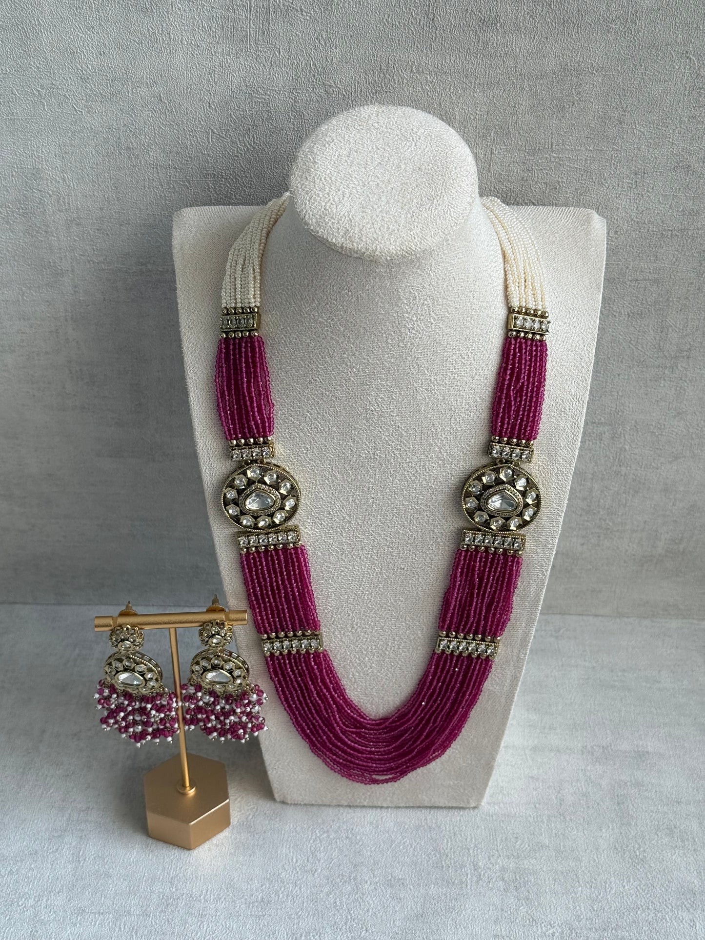 Ayura Designs Sienna Set – Long Layered Necklace & Earrings with Berry Pink Beads, Mirror-Cut Kundan & Pearl Detailing