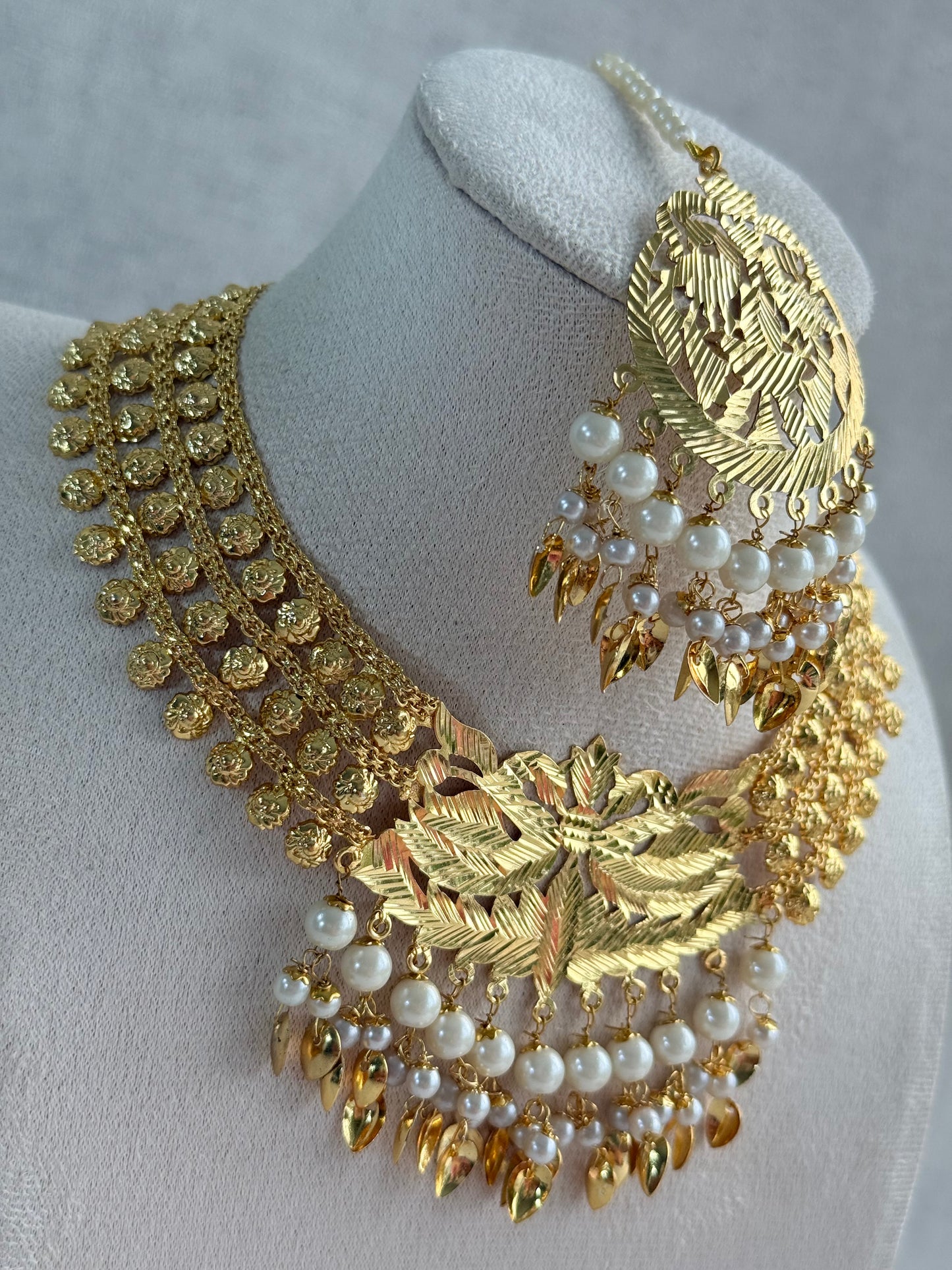 Ayura Designs Jasira Necklace Set with Earrings & Tikka – Pippal Patti Design with Swan & Peacock Motifs, Ivory Pearls & Gold Finish