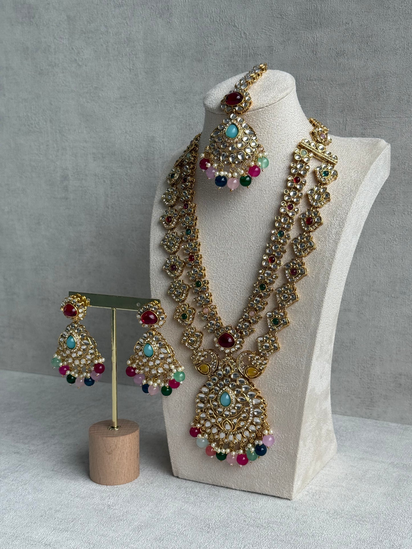Ayura Designs Javeria Set with Earrings & Tikka – Multicolour Beads, Mirror Kundan & Gold Finish