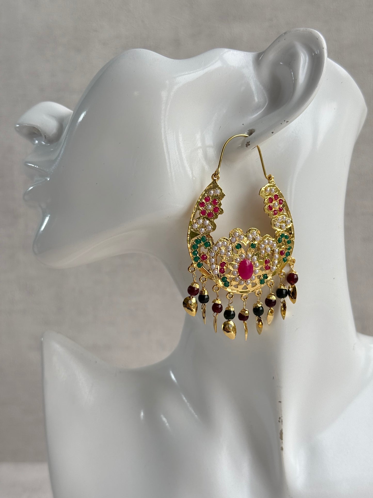 Ayura Designs Nimrat Balis – Pink & Multicolour Stones with Maroon & Green Beads and Pippal Patti Detailing