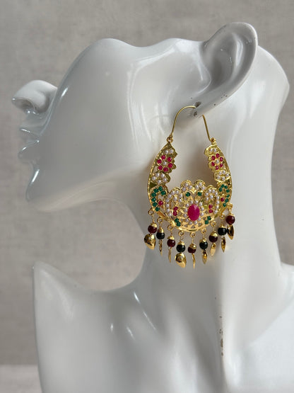 Ayura Designs Nimrat Balis – Pink & Multicolour Stones with Maroon & Green Beads and Pippal Patti Detailing