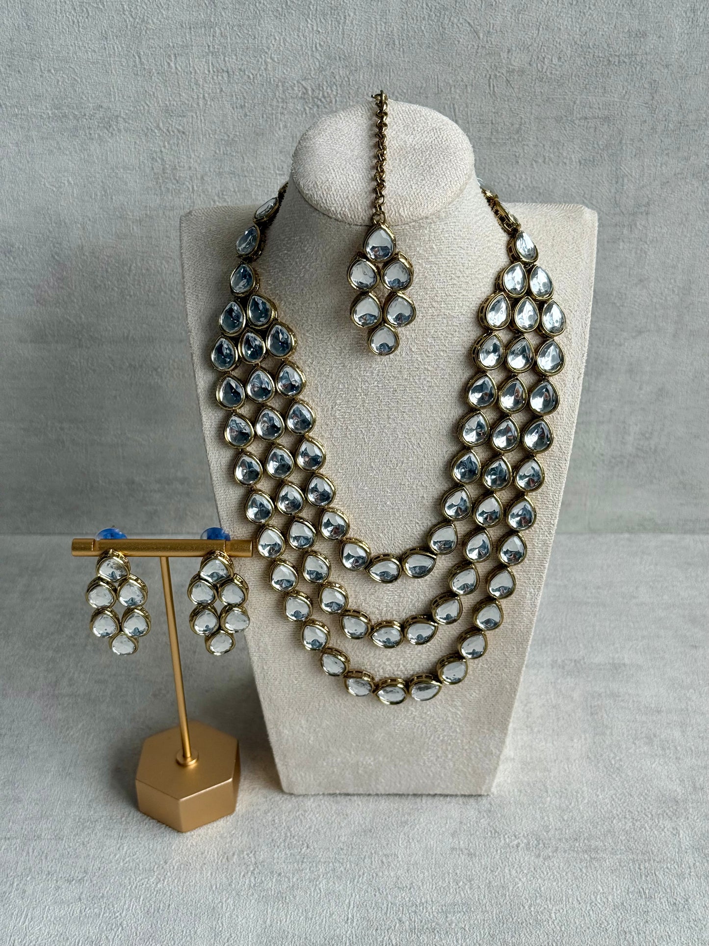 Ayura Designs Sufi Set with Necklace, Earrings & Tikka – Mirror-Cut Stones in Antique Gold Finish