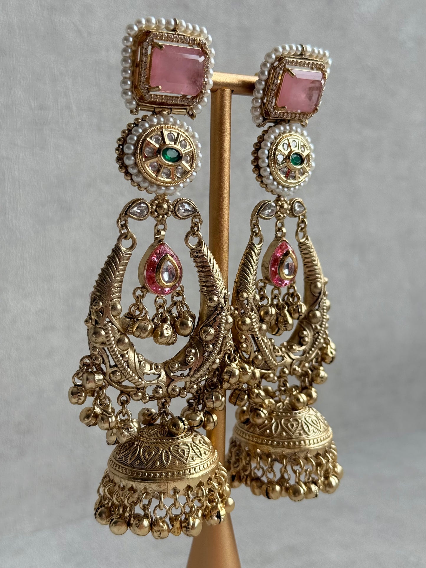 Ayura Designs Zirwa Earrings – Statement Jhumkis with Pink Stones, Green Accents & Pearl Borders & Ghungroos
