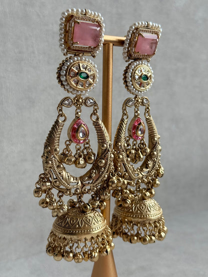 Ayura Designs Zirwa Earrings – Statement Jhumkis with Pink Stones, Green Accents & Pearl Borders & Ghungroos
