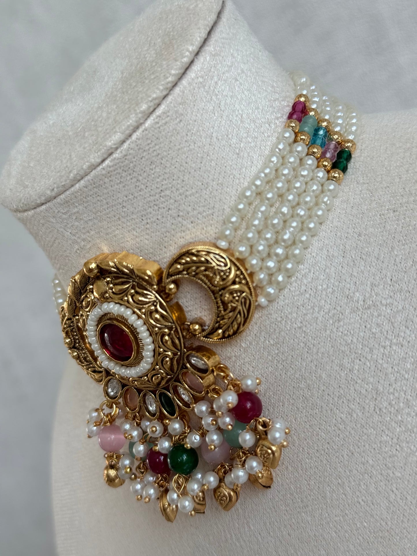 Ayura Designs Mehr Choker Set with Earrings & Tikka – Multicolour Beads, Ruby Pink Centre Stones, Pearl Strands & Antique Gold Finish