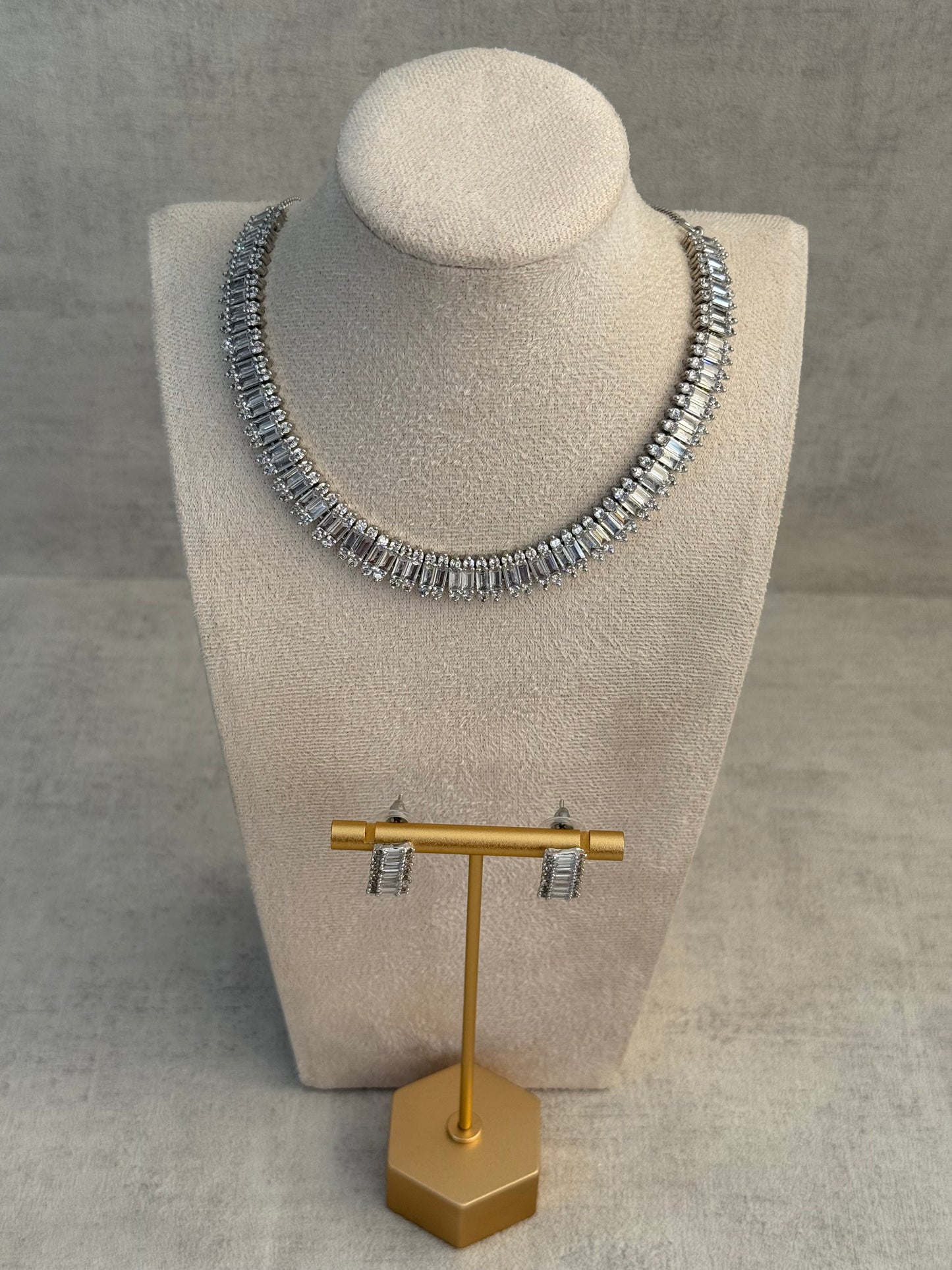 Ayura Designs Isadora Set with Necklace & Stud Earrings – Silver Finish with Baguette-Cut Crystals