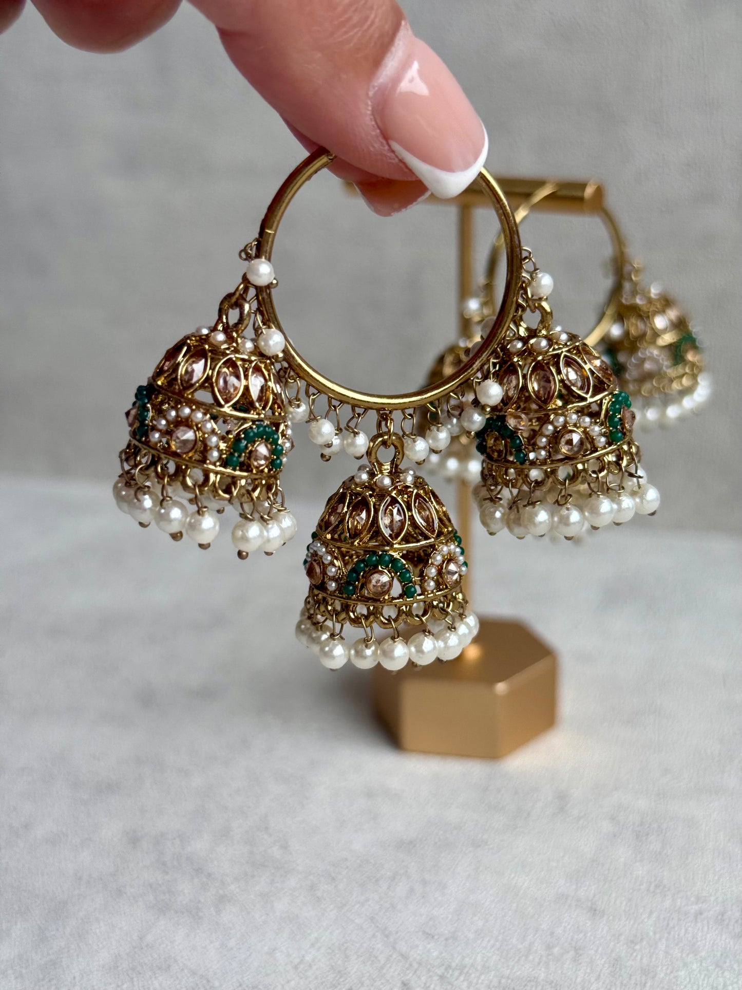 Ayura Designs Nakhra Balis – Emerald Triple Dome Earrings with Mirror-Cut Stones & Pearl Detailing