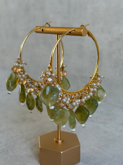 Ayura Designs Heer Balis – Gold Hoops with Olive Marble Beads, Pearls & Crystal Detailing
