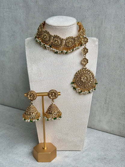 Ayura Designs Nooriya Choker Set with Jhumkis & Tikka: Exquisite Gold-Tone Ensemble Adorned with White & Green Beads