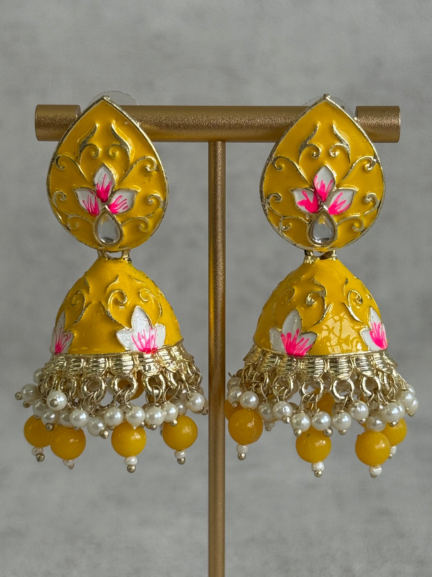 Ayura Designs Gia Jhumkis – Mustard Yellow Meenakari with Pink Lotus Motifs & Ivory Pearl Drops