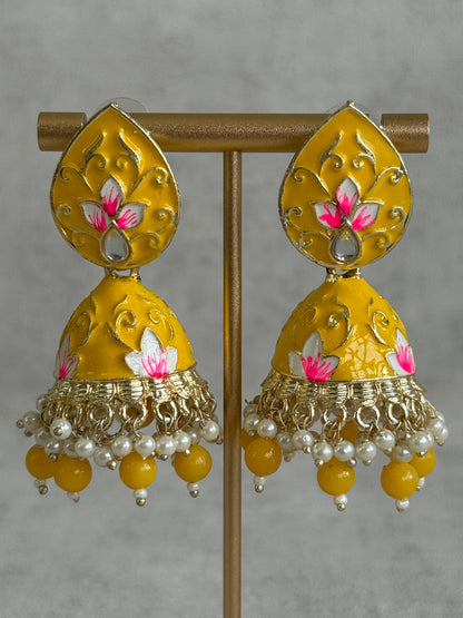 Ayura Designs Gia Jhumkis – Mustard Yellow Meenakari with Pink Lotus Motifs & Ivory Pearl Drops
