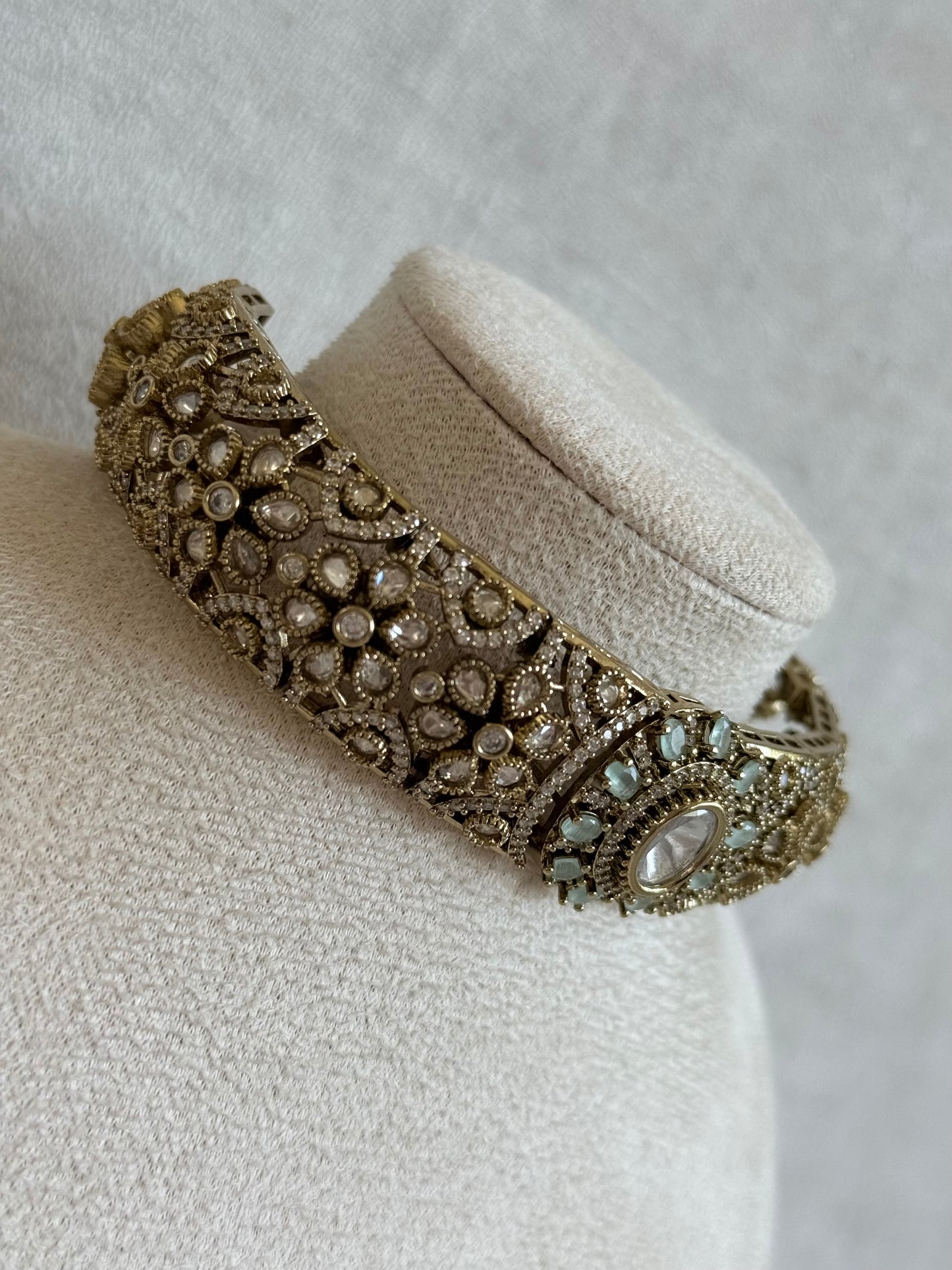 Ayura Designs Genevieve Choker Set with Studs – Mint Crystal Kundan in Antique Gold