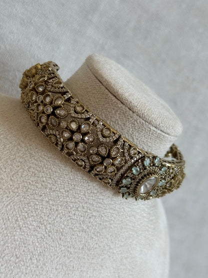 Ayura Designs Genevieve Choker Set with Studs – Mint Crystal Kundan in Antique Gold