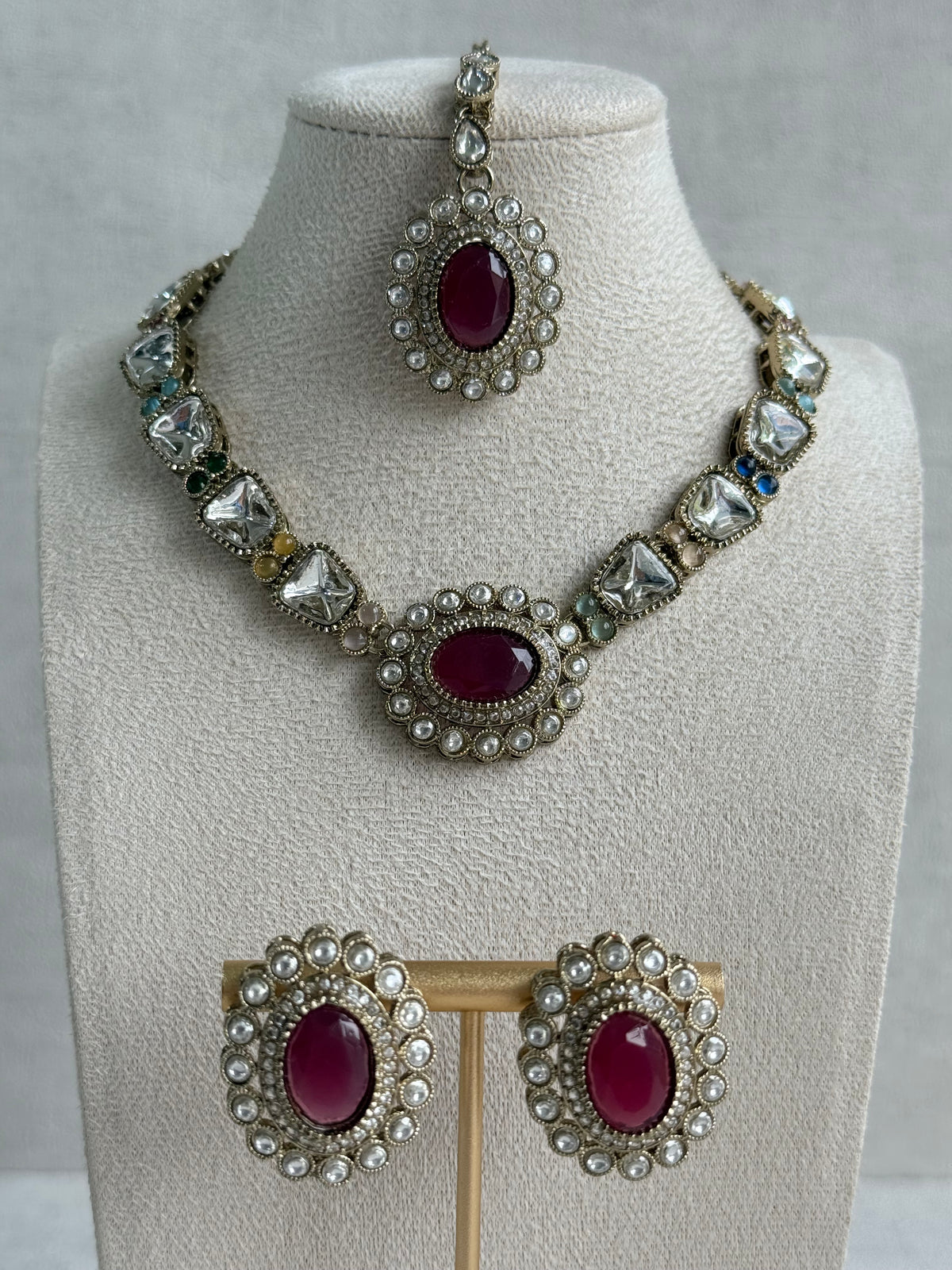 Ayura Designs Inza Necklace Set – Rani Pink, Multicolour Stones, Kundan & Crystals with Antique Gold Finish