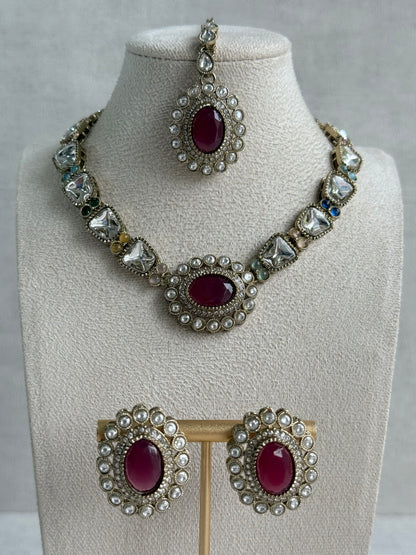 Ayura Designs Inza Necklace Set – Rani Pink, Multicolour Stones, Kundan & Crystals with Antique Gold Finish