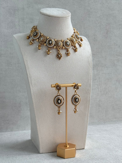 Ayura Designs Livia Necklace Set with Earrings – Green Enamel, Kundan & Pearl Detailing in Antique Gold Finish