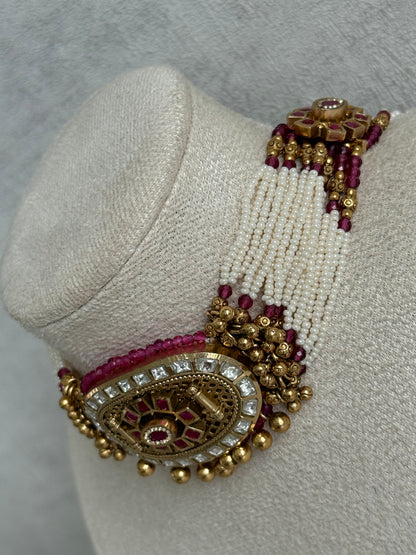 Ayura Designs Amiri Choker Set with Stud Earrings – Ruby Pink Stones, Pearl Strands & Moissanite Detailing