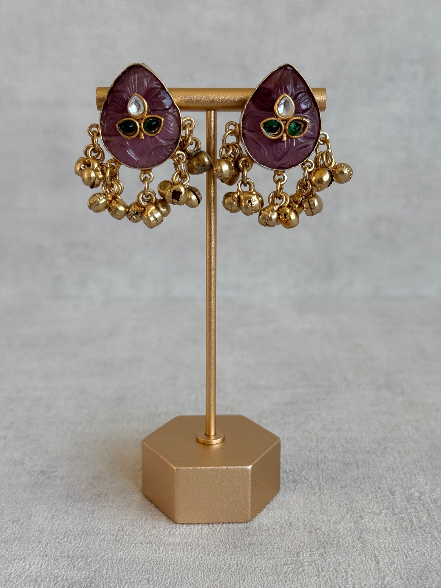 Ayura Designs Aykai Earrings – Plum Carved Teardrop Stud Earrings with Clear Kundan Stones and Gold Ghungroo Drops